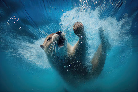 otter diving into clear blue pool, with water spraying from its fur, created with generative aiの素材