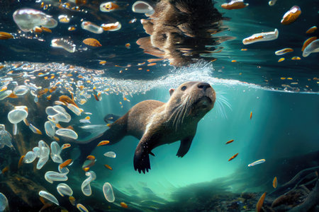 otter diving among schools of fish in crystal-clear water, created with generative aiの素材