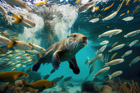 otter diving among schools of fish in crystal-clear water, created with generative aiの素材