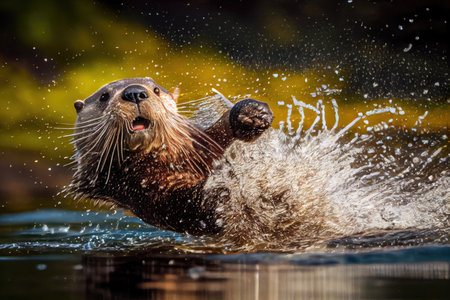 otter diving in search of its next meal, breaking the water surface with catch, created with generative aiの素材