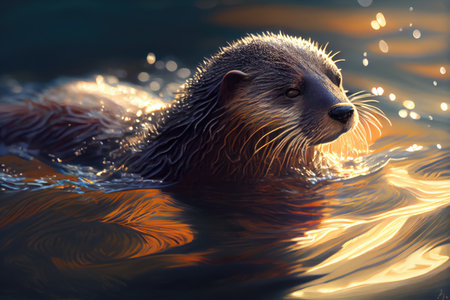 otter plunging into the water, its sleek fur glistening in the sunlight, created with generative aiの素材