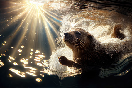 otter diving into sparkling pool, with sunlight shining on its fur, created with generative aiの素材