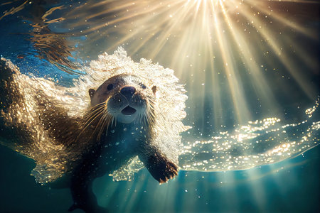 otter diving into sparkling pool, with sunlight shining on its fur, created with generative aiの素材