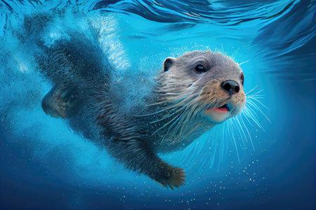 spry otter diving into clear blue pool, its fur shining and wet, created with generative aiの素材