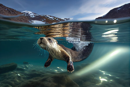 otter diving into crystal-clear lake, its sleek body through the water, created with generative aiの素材