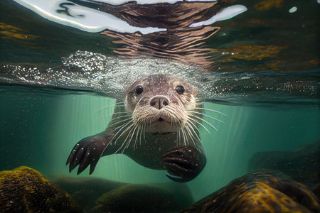 otter diving underwater, with its head and shoulders visible, for treasure hunt, created with generative aiの素材