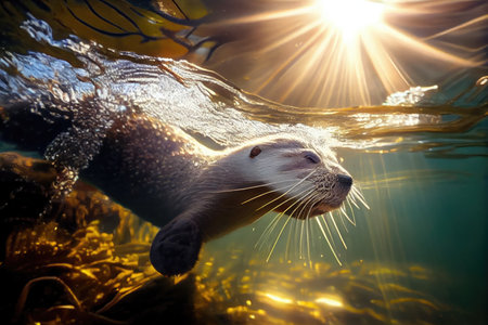 cute otter diving into clear lake, with sun shining above, created with generative aiの素材