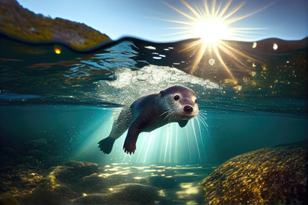 cute otter diving into clear lake, with sun shining above, created with generative aiの素材