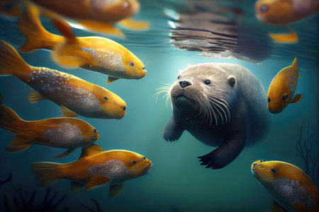 school of fish swimming past cute otters paw, created with generative aiの素材