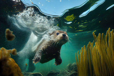 otter diving underwater, with only its furry head visible, created with generative aiの素材