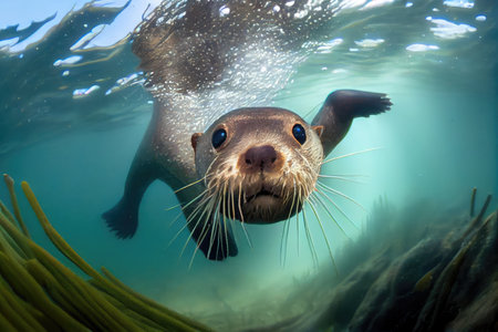 otter diving underwater, with only its furry head visible, created with generative aiの素材