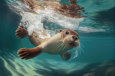cute otter diving into crystal clear pool, with its sleek body and whiskers visible, created with generative aiの素材
