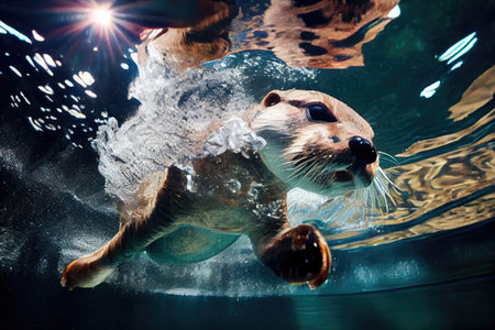 cute otter diving into crystal clear pool, with its sleek body and whiskers visible, created with generative aiの素材