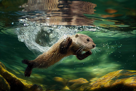 cute otter diving for fish in crystal-clear stream, created with generative aiの素材