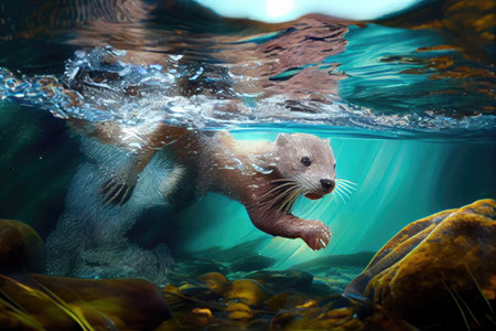 cute otter diving for fish in crystal-clear stream, created with generative aiの素材