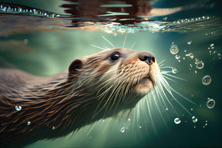 close-up of otters whiskers, diving into water, created with generative aiの素材