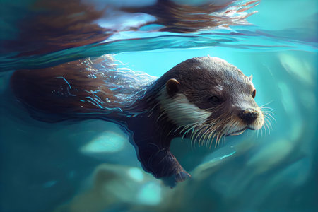 otter swimming underwater, its sleek body and fluffy tail visible, created with generative aiの素材