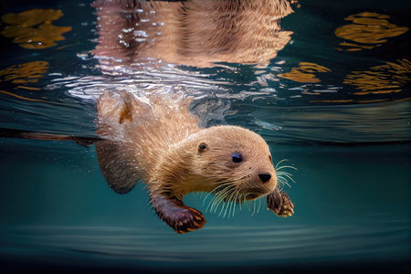 cute otter diving into pool of water, with its head and feet visible, created with generative aiの素材