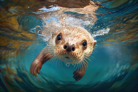 cute otter diving into pool of water, its head and feet visible above the surface, created with generative aiの素材