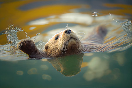 cute otter diving into pool of water, its head and feet visible above the surface, created with generative aiの素材