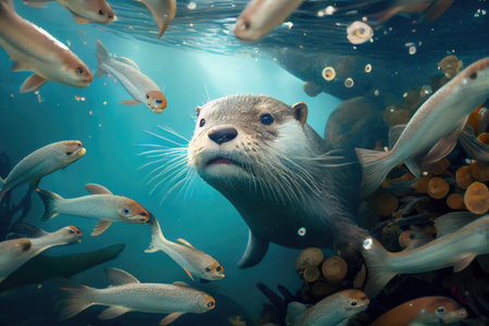 cute otter swimming underwater, surrounded by schools of fish, created with generative aiの素材