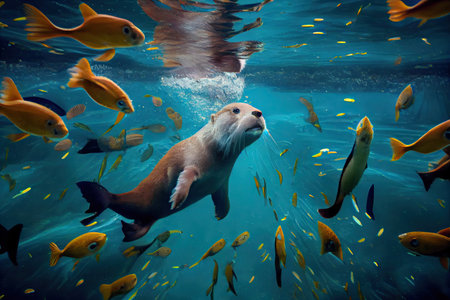 cute otter swimming underwater, surrounded by schools of fish, created with generative aiの素材