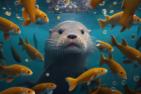 cute otter swimming underwater, surrounded by schools of fish, created with generative aiの素材