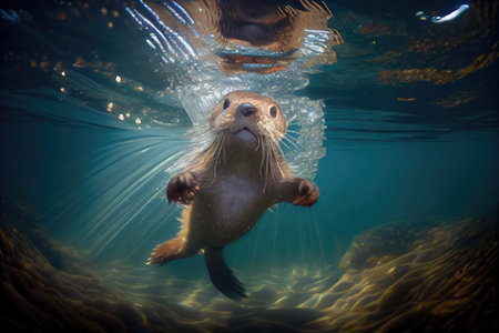 a cute otter diving underwater with its head just above the surface, created with generative aiの素材