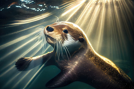 otter swimming underwater, face illuminated by the rays of the sun, created with generative aiの素材