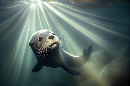 otter swimming underwater, face illuminated by the rays of the sun, created with generative aiの素材