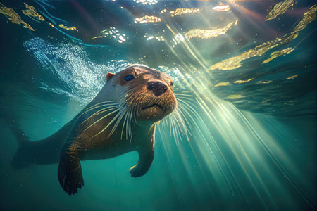 otter swimming underwater, face illuminated by the rays of the sun, created with generative aiの素材