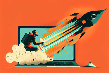 person, typing away on their laptop and rocket flies out of screen with a pop, created with generative aiの素材