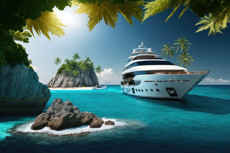luxury yacht sailing along the coast of tropical island, with palm trees in the background, created with generative aiの素材