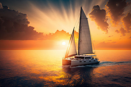 luxury yacht sailing on calm ocean, with view of the sunset in the background, created with generative aiの素材