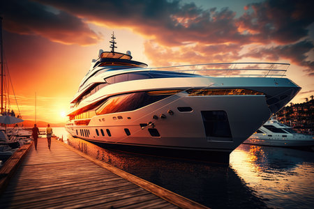 luxury yacht docked at marina, with colorful sunset in background, created with generative aiの素材