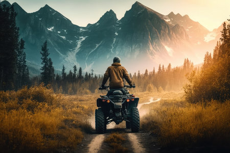 person, riding atv through the forest, with view of majestic mountain range in the background, created with generative aiの素材