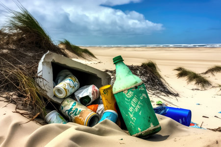 windblown beach with discarded bottles, cans, and other trash, created with generative aiの素材