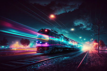 neon night city crossing with speeding train, creating a unique and dramatic scene, created with generative aiの素材