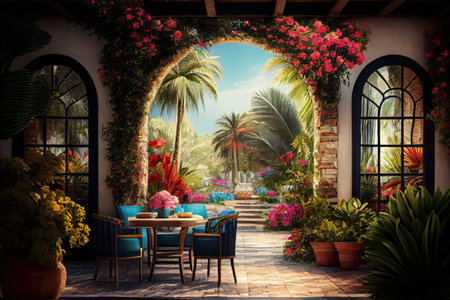 patio with view of lush tropical garden, surrounded by palm trees and flowers, created with generative aiの素材