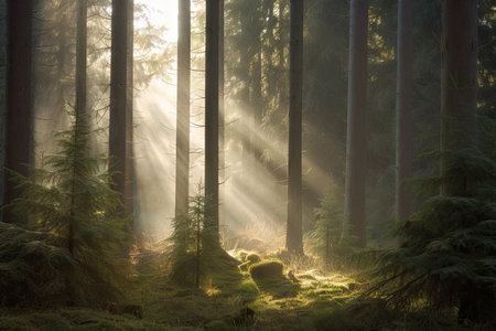 spruce forest with misty morning sunlight, created with generative aiの素材