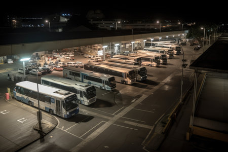 bus depot at night, with buses and vehicles parked in the bays, created with generative aiの素材