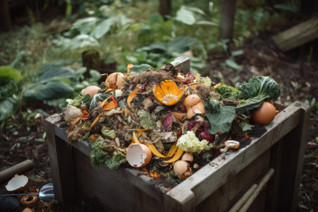 veggie and fruit scraps being composted for use in gardens, created with generative aiの素材