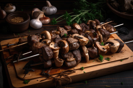 wooden skewer with grilled beef, mushrooms and onion, created with generative aiの素材