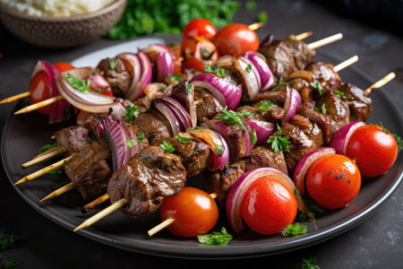 plate of grilled beef shishkabob, topped with fresh tomatoes and onions, created with generative aiの素材