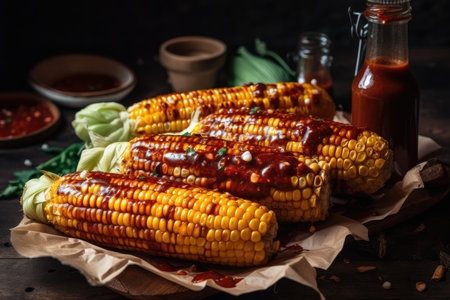 grilled corn on the cob, drizzled with tangy bbq sauce and sprinkled with salt, created with generative aiの素材