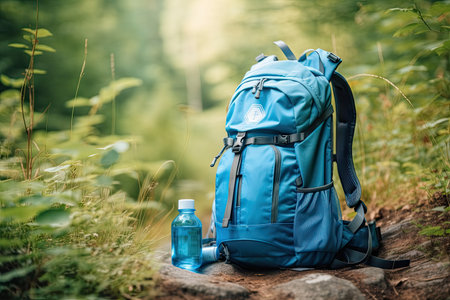 hiking backpack with water bottle and compass attached, ready for adventure, created with generative aiの素材