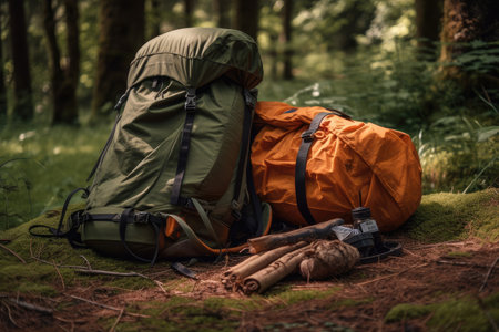 hiking backpack with rolled up tent and sleeping gear, created with generative aiの素材