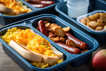 breakfast on the go with hot dog, eggs and hash browns, created with generative aiの素材