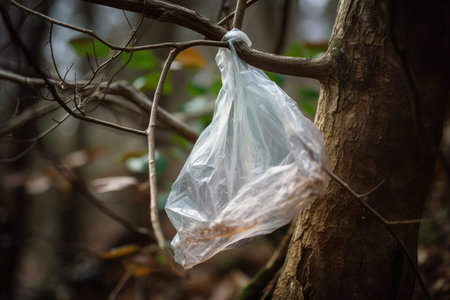 plastic bag caught in tree branch, surrounded by natural beauty, created with generative aiの素材