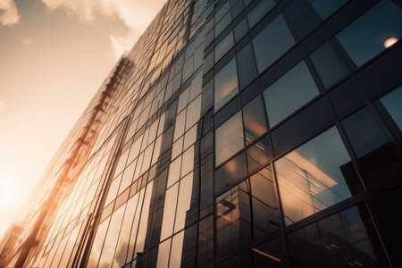 modern skyscraper with reflection of the sun shining in windows, created with generative aiの素材